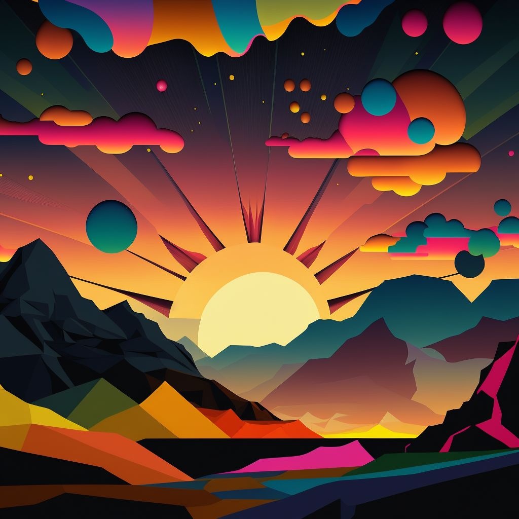 Prompt: the sunset in the sky with mountains and stars, in the style of fauvist animator, hiroshi nagai, windows xp, coastal scenes, tracey adams, luminous shadowing, rough-edged 2d animation