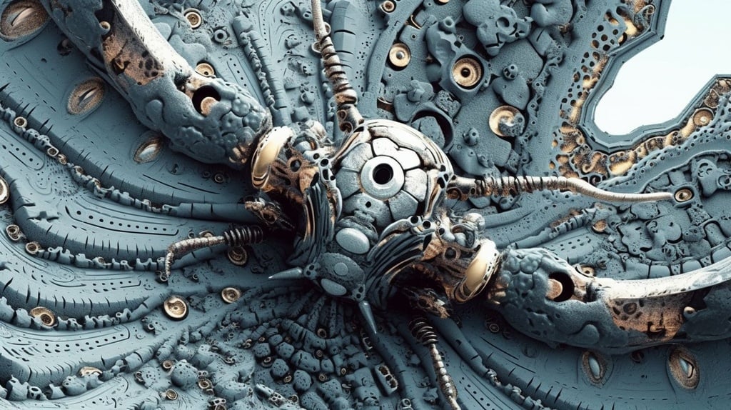 Prompt: cyborg insects emerge from the whirlpool of mandelbrot madness