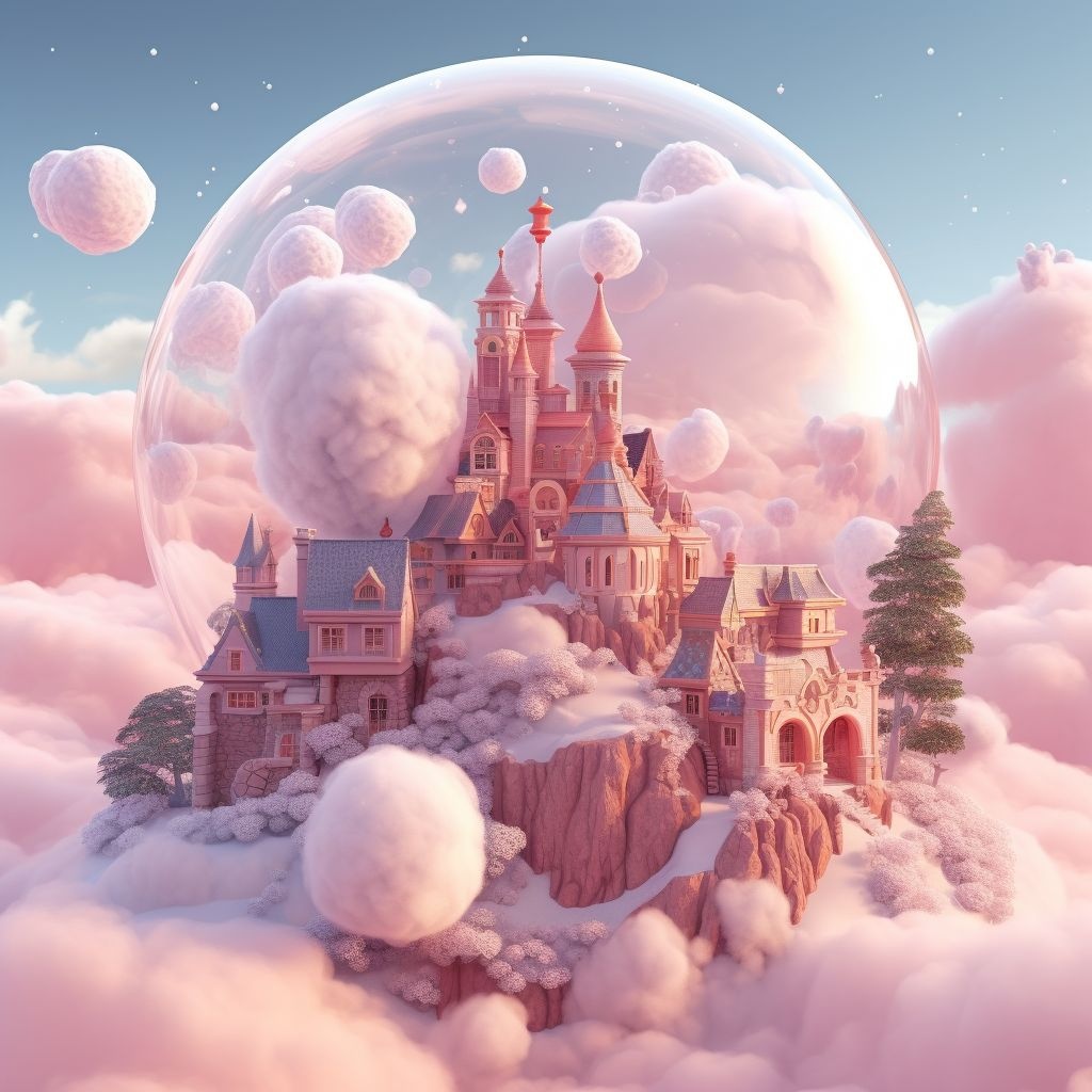 Prompt: fluffy pink clouds in bubble land