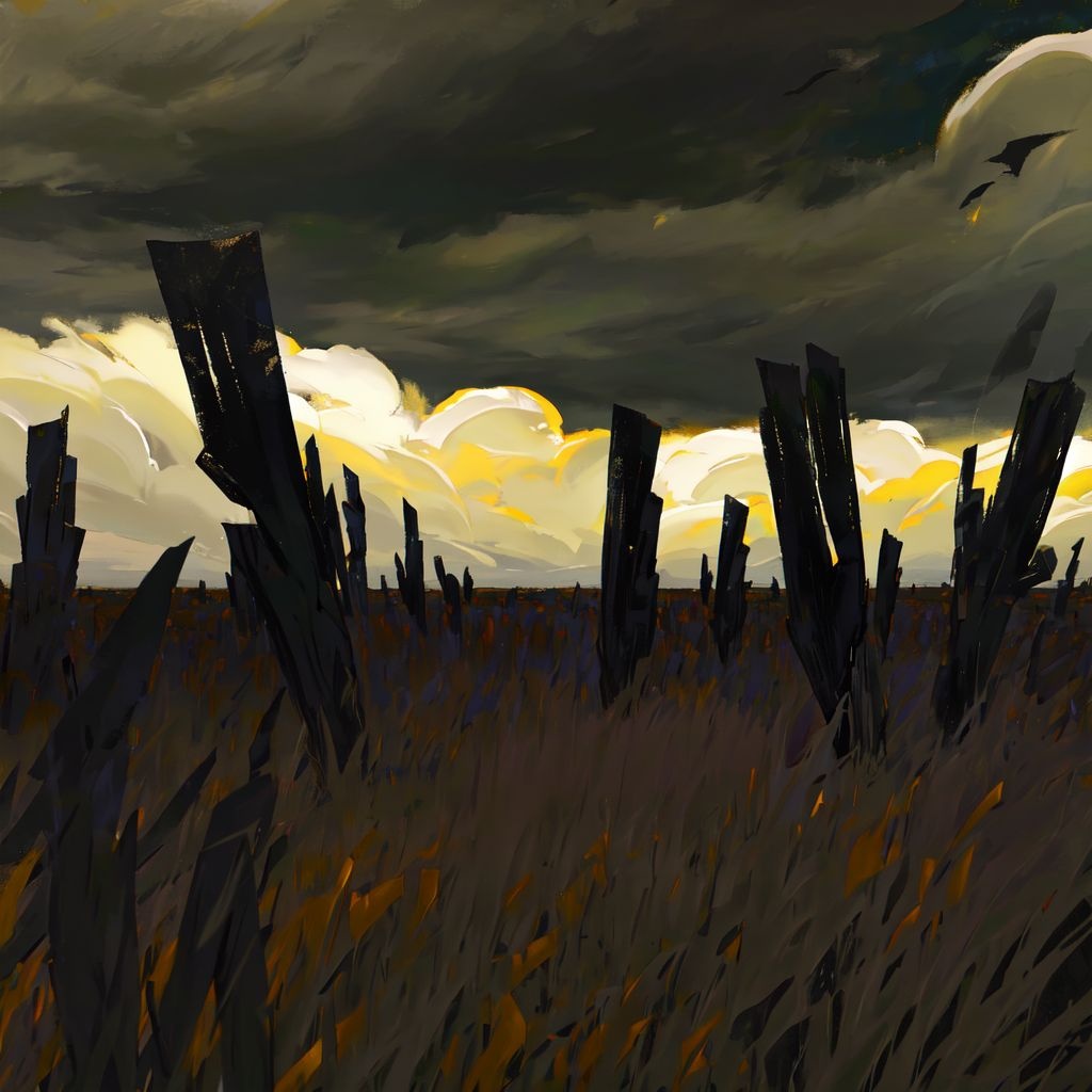 Prompt: a field with grass and trees under a cloudy sky, a matte painting by Chris Friel, deviantart, tonalism, ominous vibe, ominous, dark and mysterious