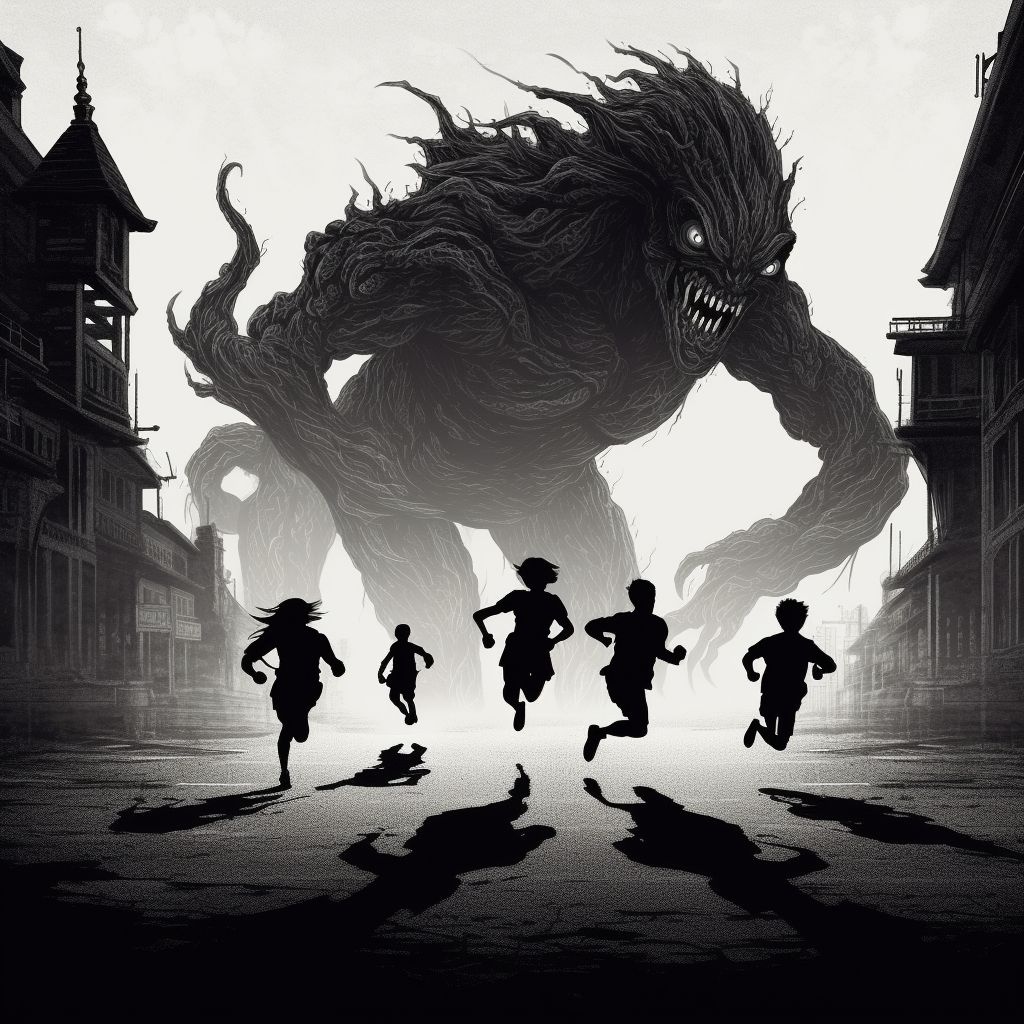 Prompt: four silhouettes are running in front of an enormous monster, in the style of monochromatic realism, unique yokai illustrations, ashcan school, sgrafitto, zbrush, tanbi kei, optical illusion paintings