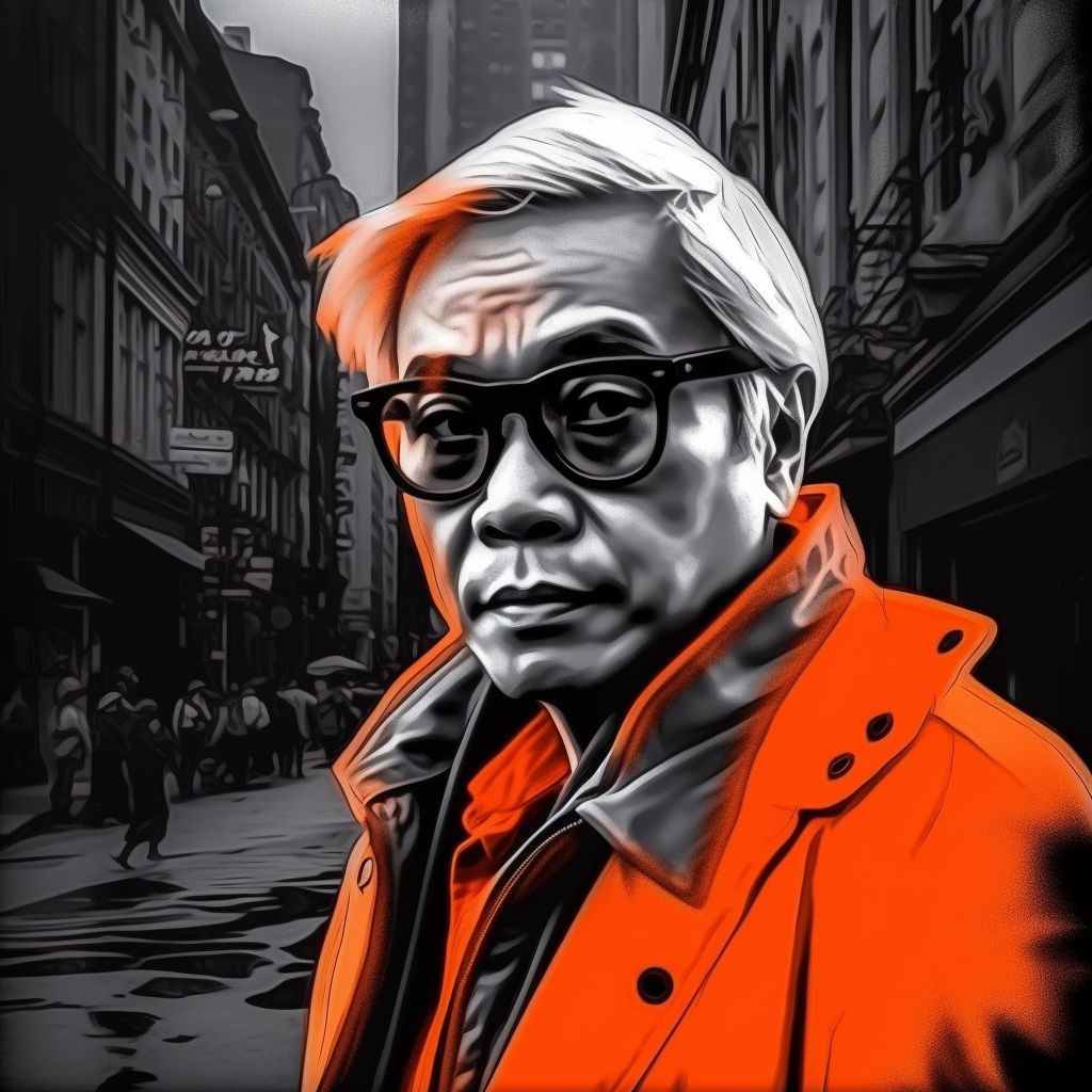 Prompt: iwan wong the stranger, in the style of graphic, pop-art style, fujifilm pro 800z, airbrush art, dark orange and silver, neo-academism, video montages, city portraits