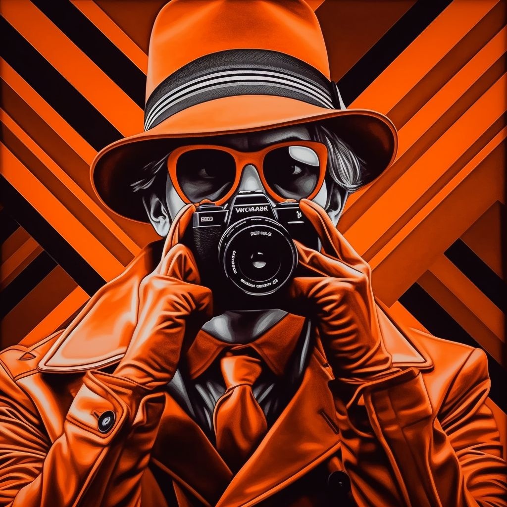 Prompt: iwan wong the stranger, in the style of graphic, pop-art style, fujifilm pro 800z, airbrush art, dark orange and silver, neo-academism, video montages, city portraits