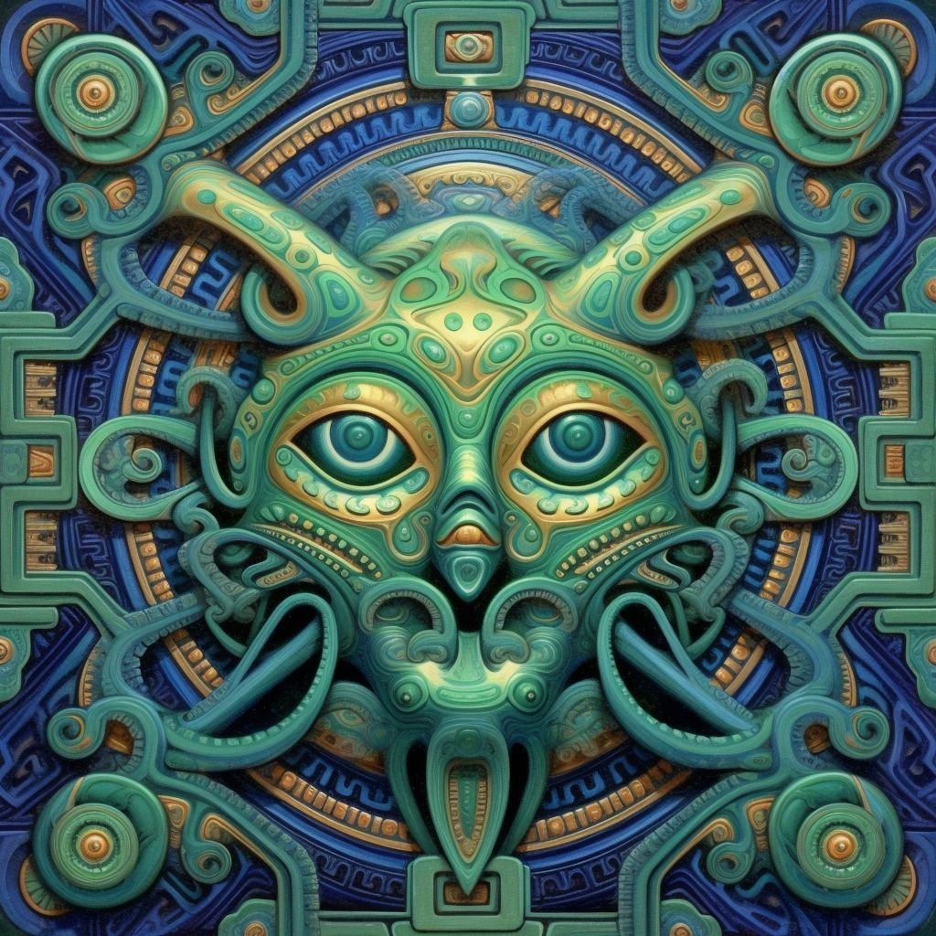 Prompt: virtual imagery gallery of abstract designs in psychedelic pattern, in the style of mark henson, indigo and green, aetherclockpunk, abstraction-création, mushroomcore, symmetrical, saturno butto