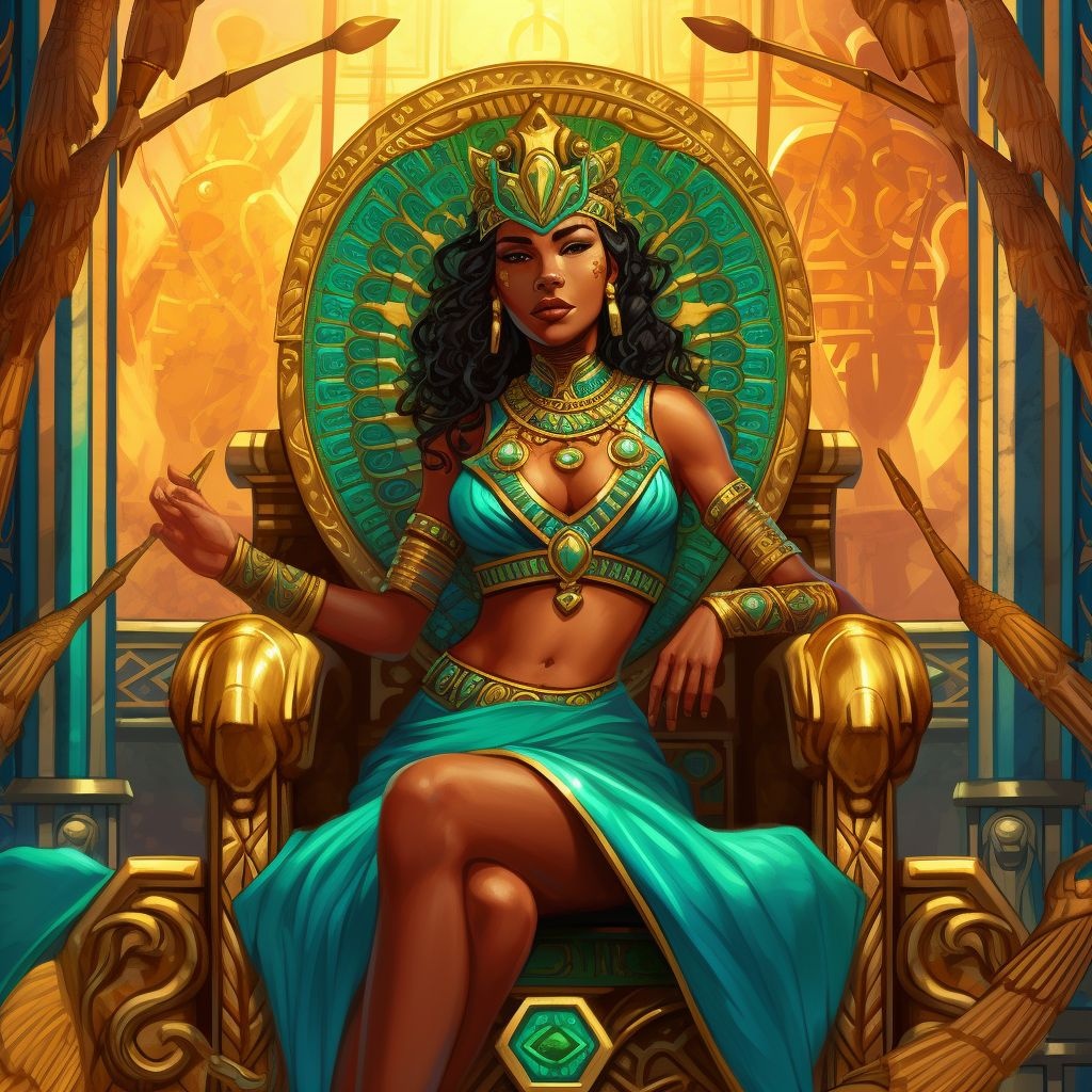 Prompt: the egyptian goddess sits in front of an ornate gold throne, in the style of 2d game art, sky-blue and emerald, beautiful women, piles/stacks, relief, depicts real life, vibrant colorism