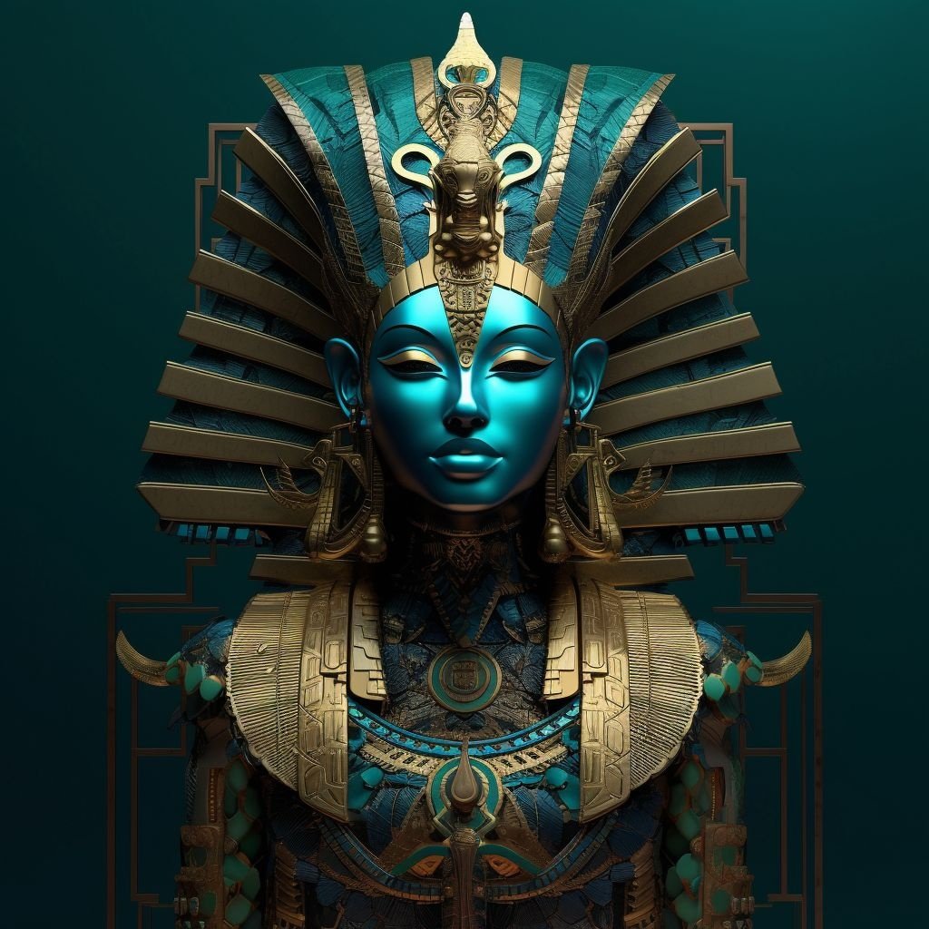 Prompt: a gold statue of the queen egyptians goddess, in the style of 2d game art, vibrant colorism, luxurious wall hangings, dark emerald and sky-blue, heavy shading, kingcore, celebrity and pop culture references