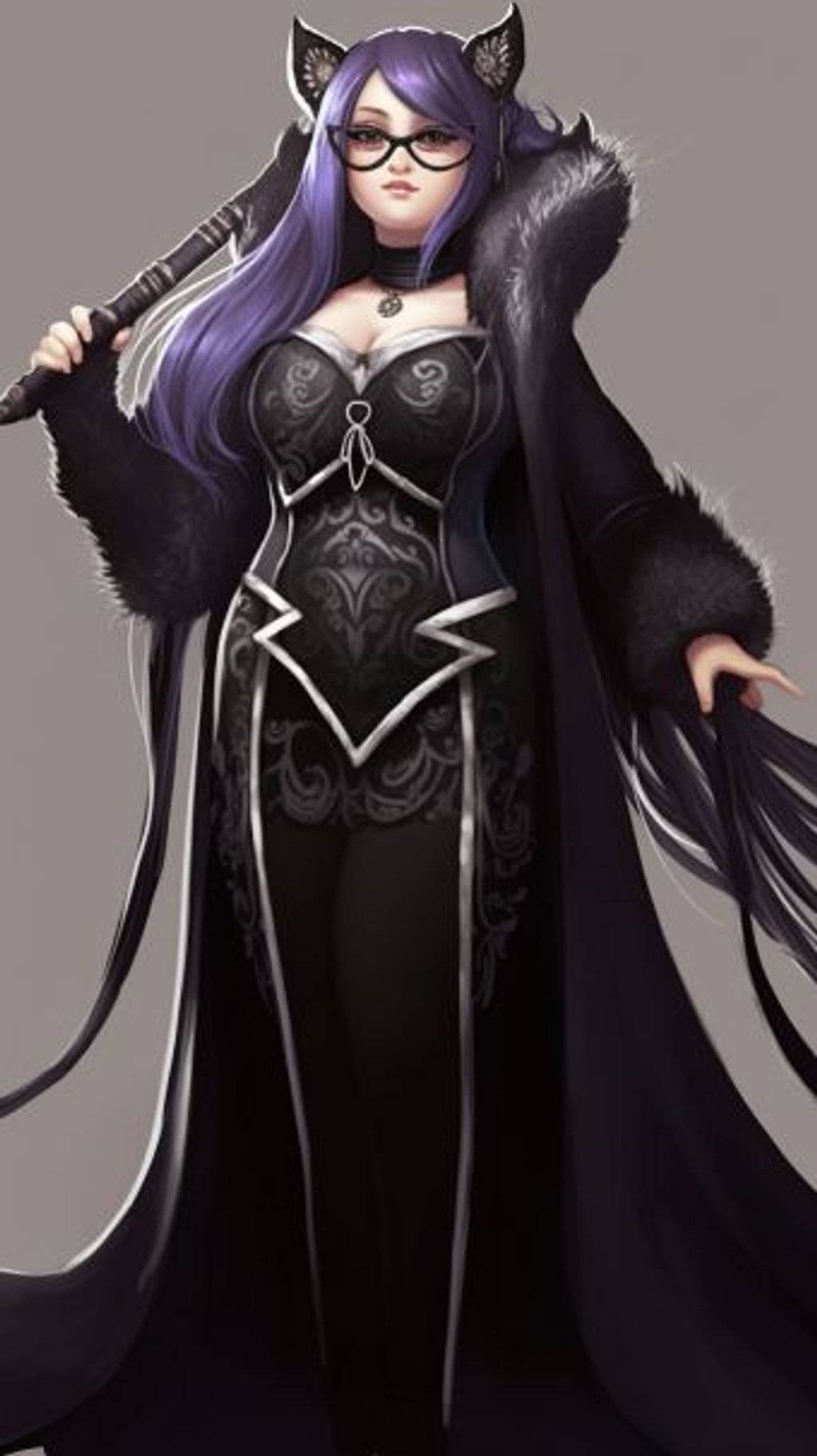 Prompt: A cute woman wearing a long black orante dress with silver trim, chubby, overweight, bright blue eyes, glasses, two long purple braids, two long purple fox ears and a long purple fox tail --ar 9:16 --iw .5 --q 2 --upbeta --v 5.1 