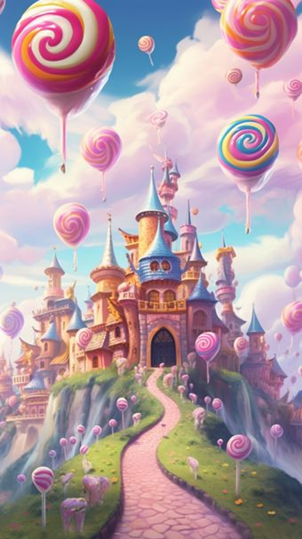 Prompt: a land in the clouds with light pink and blue bubblegum hues, the trees are made of swirled lolipops and the gardens are made of the sweetest candy gumdrops, perfect peaceful, full of little bubbles --no plants --ar 9:16 --q 2 --upbeta --v 5.1