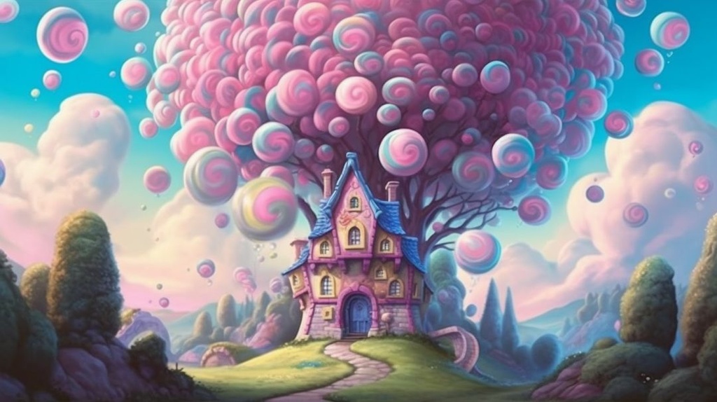 Prompt: a land in the clouds with light pink and blue bubblegum hues, the trees are made of swirled lolipops and the gardens are made of the sweetest candy gumdrops, perfect peaceful, full of little bubbles --no plants --ar 16:9 --q 2 --upbeta --v 5.1