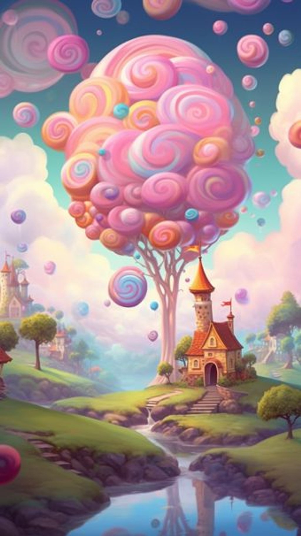 Prompt: a land in the clouds with light pink and blue bubblegum hues, the trees are made of swirled lolipops and the gardens are made of the sweetest candy gumdrops, perfect peaceful, full of little bubbles --no plants --ar 9:16 --q 2 --upbeta --v 5.1