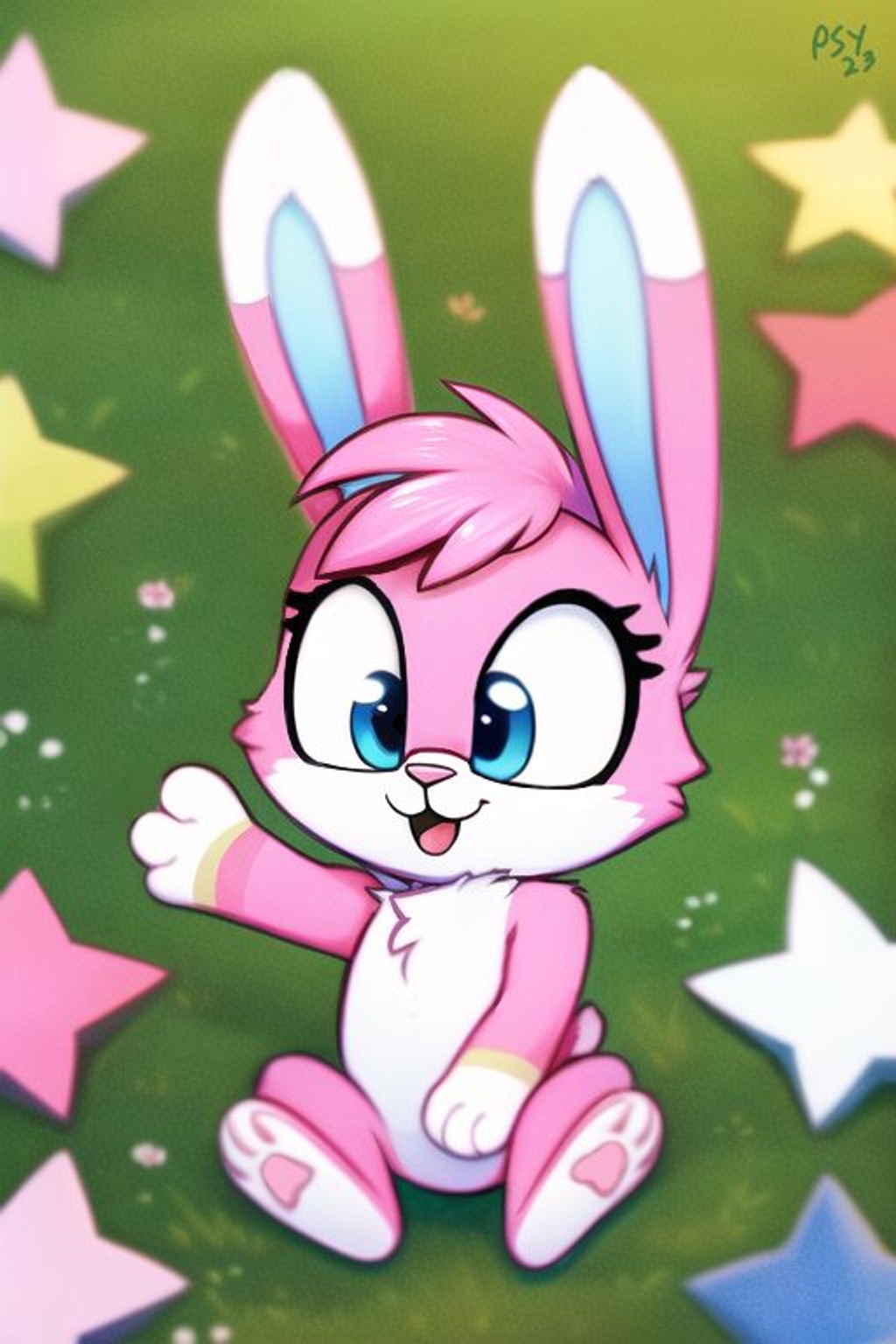 Prompt: toony, cub, bunny, rabbit, pink fur, blue eyes, cute expression, 