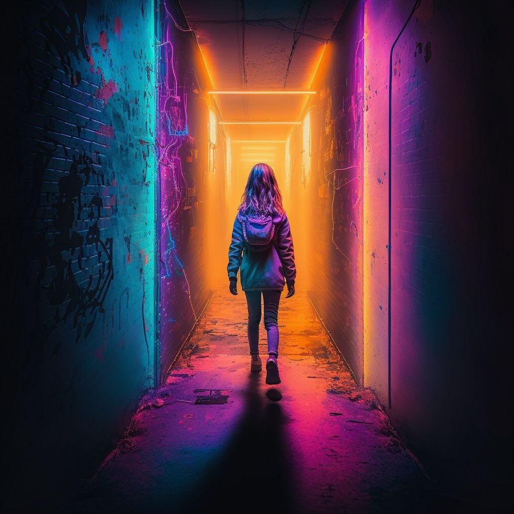 Prompt: a brightly colored young girl is standing in a neon lit lane, in the style of exuberant, softbox lighting, dramatic lighting effects, camera tossing