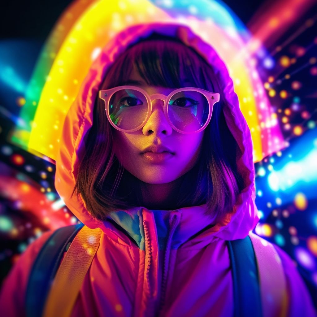 Prompt: girl in a costume in front of colorful lights and rainbow glow in the dark, in the style of alex hirsch, high speed sync, miwa komatsu, dark yellow and magenta, fish-eye lens, danielle eckhardt, nanopunk