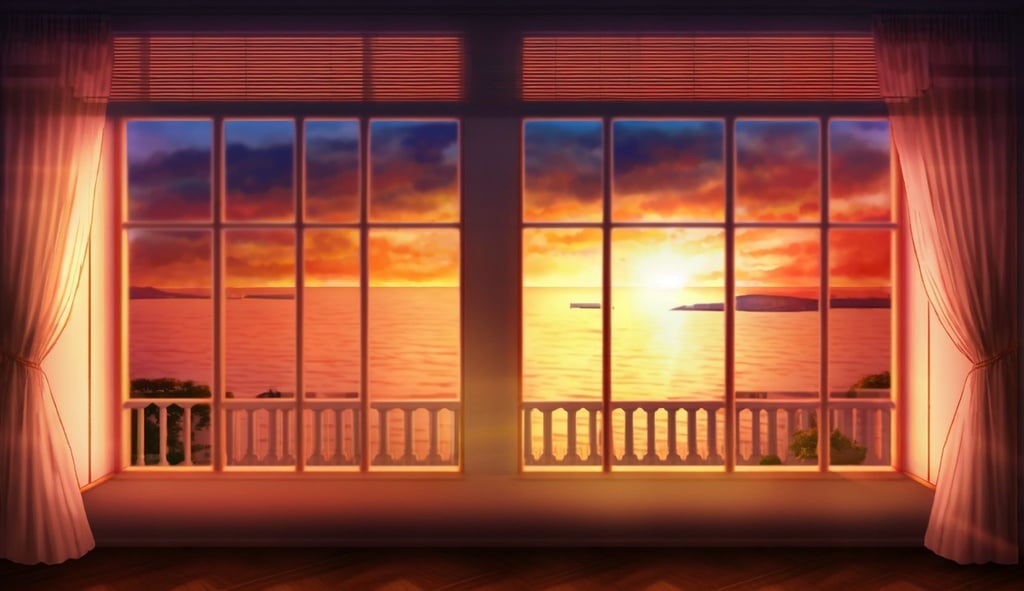 Prompt: sunset view of the window, in the style of realistic interiors, horizontal stripes, ethereal seascapes, luxurious drapery, associated press photo, flattened perspective