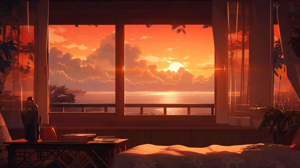 Prompt: the sunset through the window, in the style of dreamlike illustration, pseudo-realistic, ocean academia, uhd image, free brushwork, eerily realistic, detailed background elements