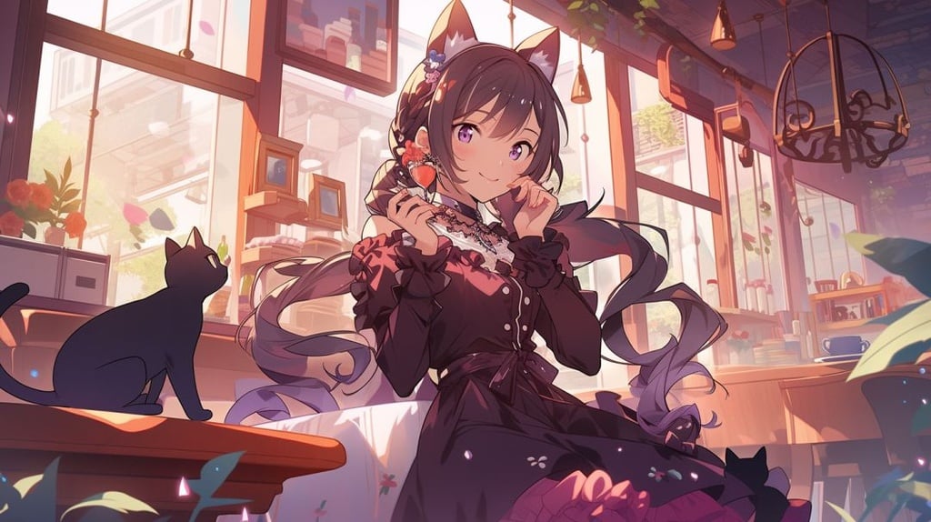 Prompt: a cute girl wearing a vibrant plastic lace corset-body suit. She is sitting on her knees on the floor, has one hand raised, and has cute cat ears and tail. She wears a collar with a bell and the word "Kitten" on it. A cat cafe surrounded by cute cats and kittens, Catgirl, chibi, bright colors, cute, beautiful --ar 9:16 --style expressive --q 2 --upbeta --niji 5