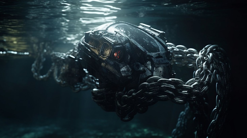 Prompt: seen from underwater giant silver robot snakes dive towards me into the water breaking the surface of the water