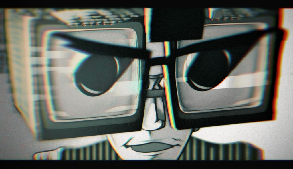 Prompt: a character wearing glasses standing by a speaker, in the style of visual remix, close-up intensity, ue5, blocky, ed roth, video, grainy noir