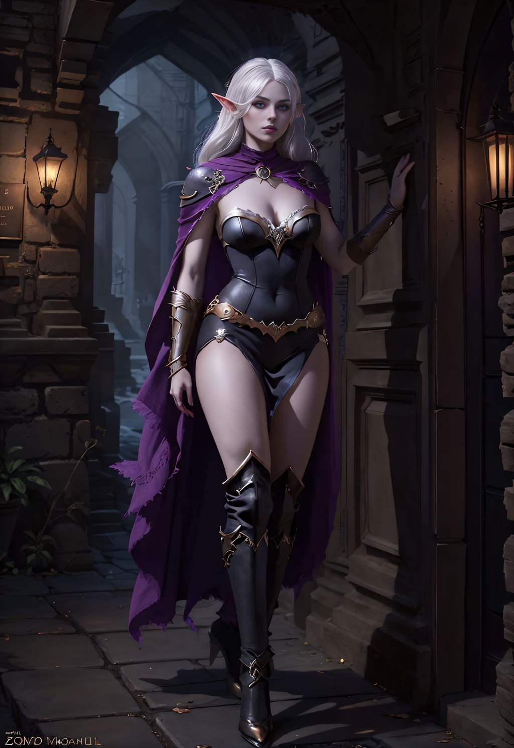 Prompt: depiction of a female drow, dnd , elf , purple eyes, (white hair:1. 1), (dark skin:1. 2), young ann miller, extremely detailed, unreal engine, octane, full body, zoomed out, 70mm , photo realistic, 16k, UHD, HDR, (Masterpiece:1. 5), (best quality:1. 5)