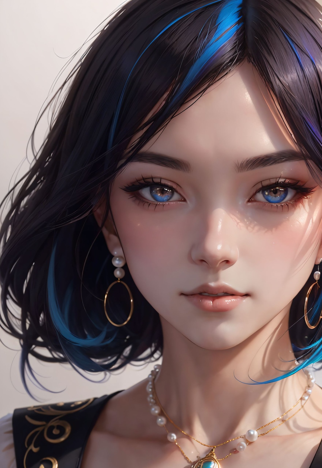 Prompt: Closeup face portrait of a person, smooth soft skin, big dreamy eyes, beautiful intricate (colored hair:1. 2), black false eye lashes, white pearls in her hair, gold necklace, symmetrical, red earring, anime wide eyes, soft lighting, detailed face, by makoto shinkai, stanley artgerm lau, wlop, rossdraws, concept art, digital painting, looking into camera, 16k, UHD, HDR, (Masterpiece:1. 5), (best quality:1. 5)