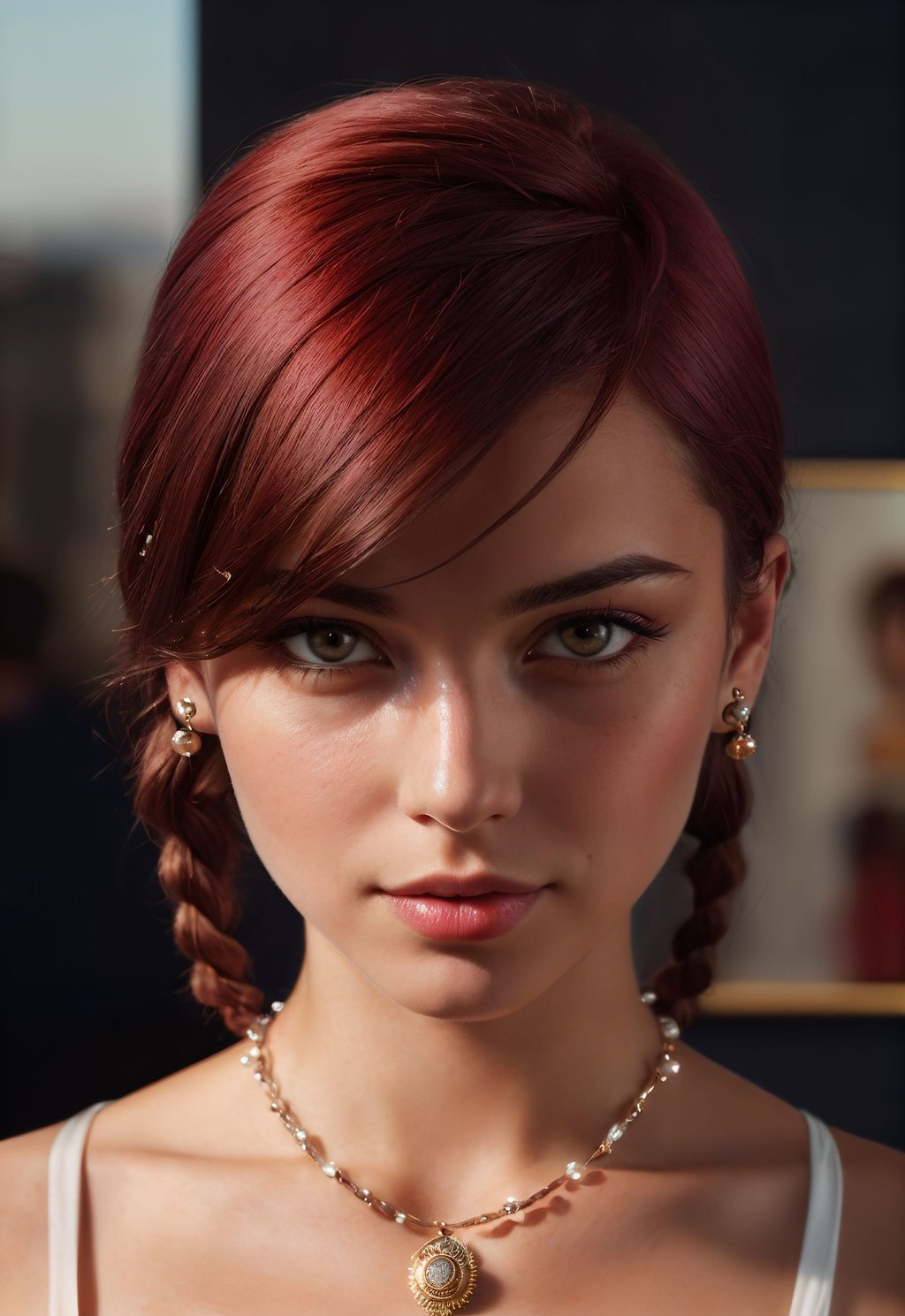 Prompt: Portrait of {character} with {color} hair and with cute face, soft pale cheeks, smooth skin, black beads necklace, red hair braids, {background}, perfect composition, hyper-realistic, red ribbon, super detailed, 8k, high quality, trending art, trending on ArtStation, sharp focus, studio photo, intricate details, highly detailed, by Greg Rutkowski, 16k, UHD, HDR, (Masterpiece:1. 5), (best quality:1. 5), RAW candid cinema, studio, 16mm, ((color graded portra 400 film)) ((remarkable color)), (ultra realistic), textured skin, remarkable detailed pupils, ((realistic dull skin noise)), ((visible skin detail)), ((skin fuzz)), (dry skin) shot with cinematic camera