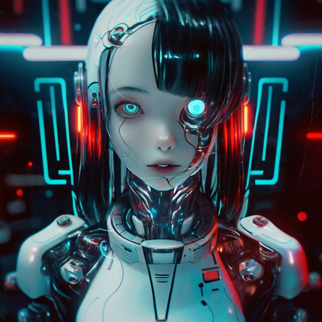 Prompt: an artificial girl in a black and white outfit with neon lights, in the style of cyberpunk manga, colorful futurism, 8k resolution, exaggerated facial features, asian-inspired, light blue and crimson, robotics kids
