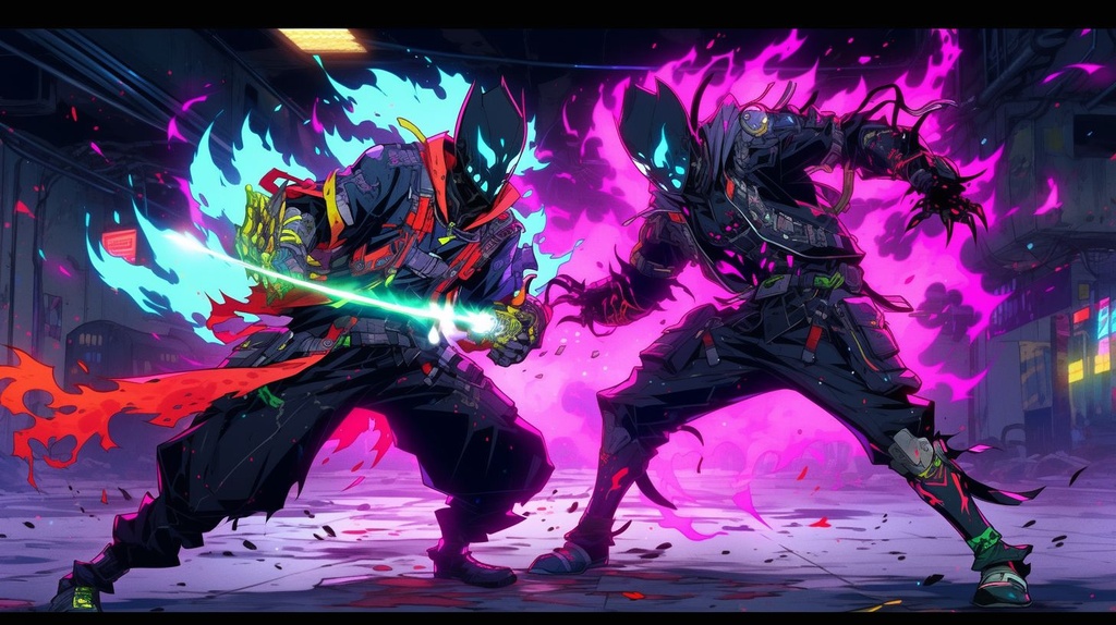 Prompt: two cyberpunk characters fighting one another, in the style of manga cyberpunk, uniformly staged images, colorful costumes, tagging-like marks, burned/charred, neon lit background, epic boss battle