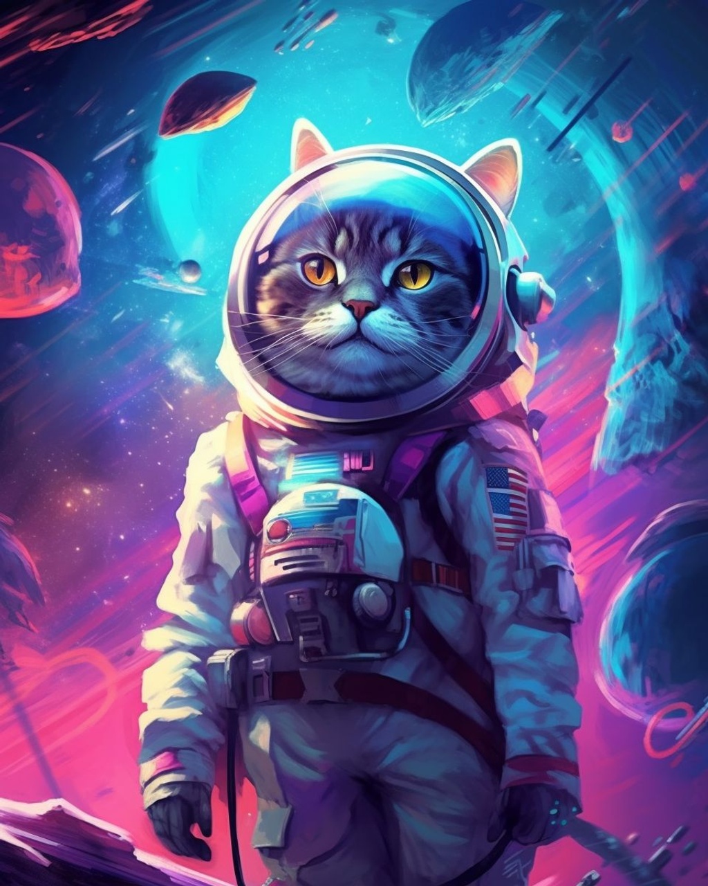 Prompt: a cat, decked out in astronaut gear, ready to take a small step for cat-kind on the moon, in the style of retro sci-fi art, bold colors, space adventurecore, uhd image, cosmic comedy , magical colors --no watermark, signature, text --ar 4:5 