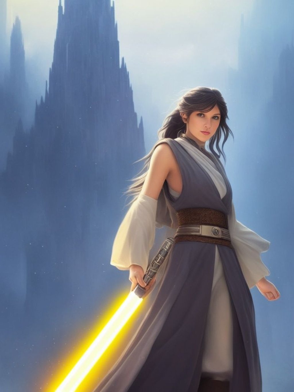Prompt:  (pretty face: 1.2), masterpiece, best quality, high quality, a young adult woman in traditional grey jedi robes in a sci-fi city, long black hair, green iris, looks at camera, star wars, yellow lightsaber, artstation, digital illustration, intricate, trending, pastel colors, anime, award winning, extremely detailed, trending on artstation, trending on CGsociety, Intricate, High Detail, dramatic, art by midjourney