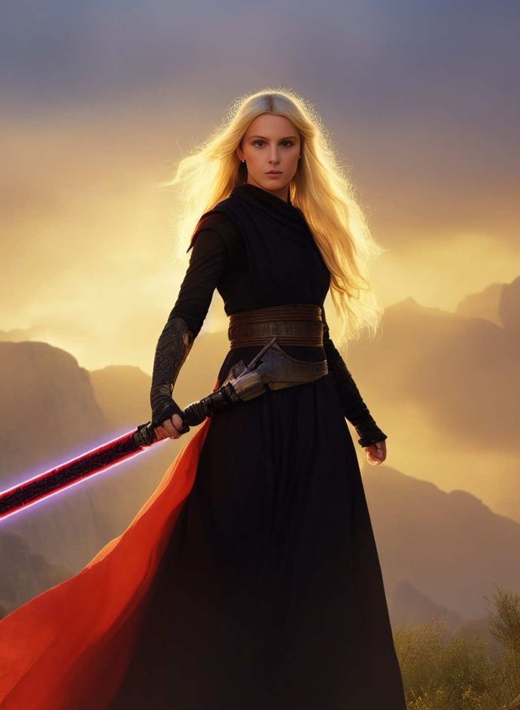 Prompt: masterpiece, best quality, high quality, a young adult woman in black sith robes on ancient ruins, long blonde hair, yellow iris, looks at camera, arid place, star wars, blood red lightsaber, tattoos, artstation, digital illustration, intricate, trending, pastel colors, anime, award winning, extremely detailed, trending on artstation, trending on CGsociety, Intricate, High Detail, dramatic, art by midjourney