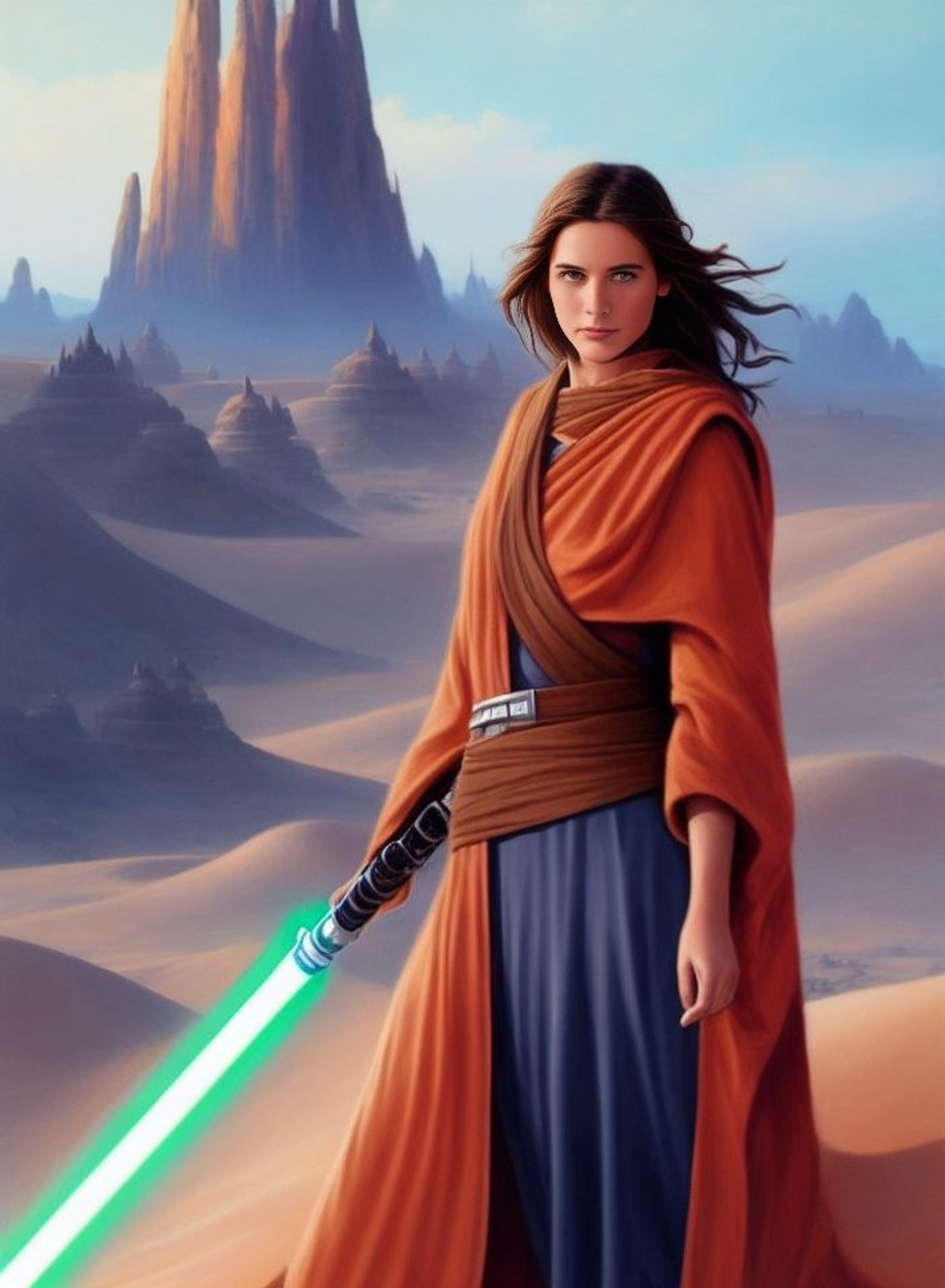 Prompt:  masterpiece, best quality, high quality, a young adult woman in brown jedi robes on a desert village, long brown hair, blue iris, looks at camera, dune sea, star wars, dark green lightsaber, artstation, digital illustration, intricate, trending, pastel colors, anime, award winning, extremely detailed, trending on artstation, trending on CGsociety, Intricate, High Detail, dramatic, art by midjourney