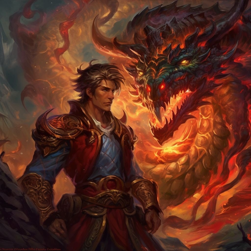 Prompt: player character of legends of arena, in the style of dragon art, vivid energy explosions, oleg shuplyak, dark crimson, ultrafine detail, 32k uhd, swirling vortexes