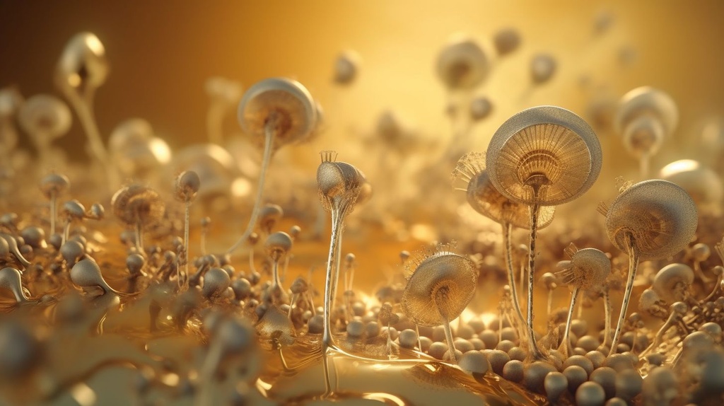 Prompt: organism the protozoans, in the style of vray tracing, gold, matte photo, molecular structures, sepia tone, macro lens, apocalypse art