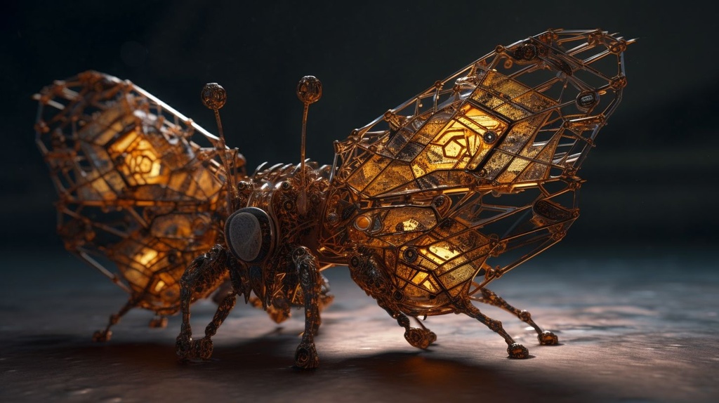 Prompt: a big moth that stands in a circle, in the style of molecular structures, vray tracing, national geographic photo, gold and amber, spiky mounds, mechanized forms, 3840x2160