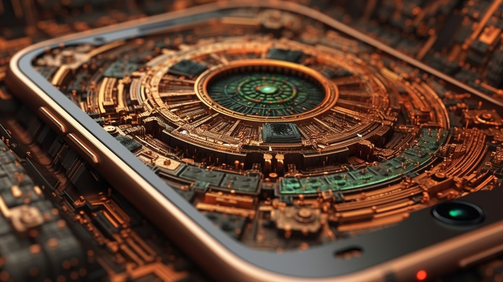 Prompt: a close up of the inside of a cell phone, peter gric and dan mumford, coronavirus, vfx render, spherical, detailed –n 9, artsation contest winner, fairy circles, protection, interconnected, metallic shield, pelzebug, viral, contaminated