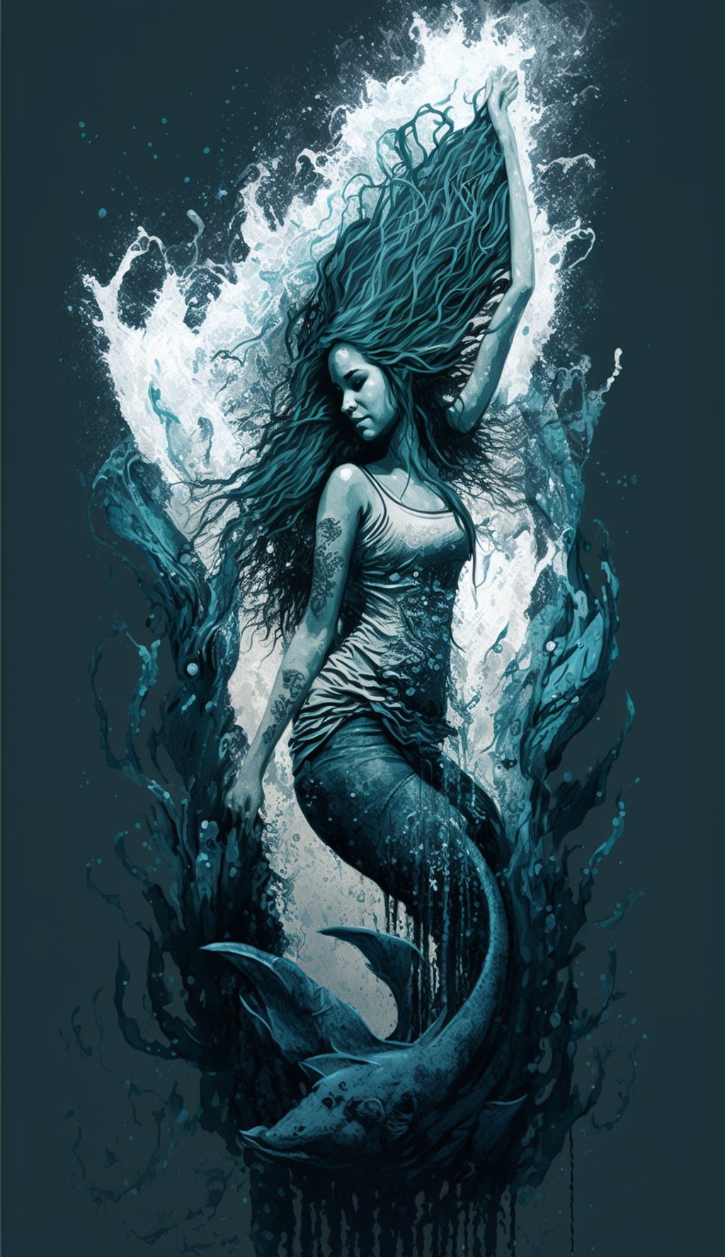 Prompt: water becomming mermaid further up