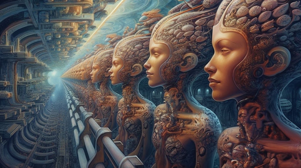 Prompt: conveyor belt of human souls in the dmt space driven by machine elfs