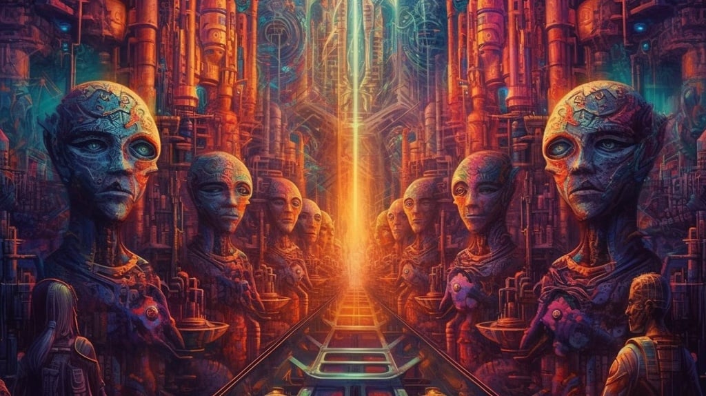 Prompt: conveyor belt of human souls in the dmt space driven by machine elfs
