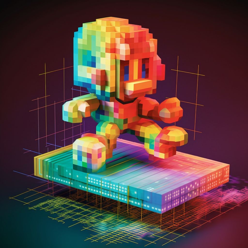 Prompt: triple 3d exposure of vector art morping into pixel art 