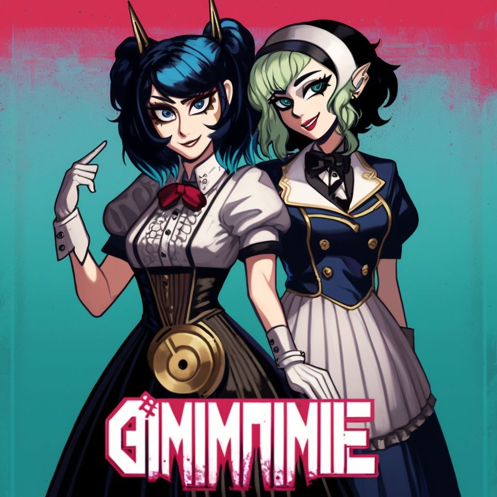 Prompt: a couple of anime girls standing next to each other, an album cover, by Shingei, gothic art, burlesque psychobilly, grimacing, with malice, dance trance edm festival, gric, so cute, tzimisce, looks a blend of grimes, bioshock infinite style, nanogirlv 2, omg, twice, grainy