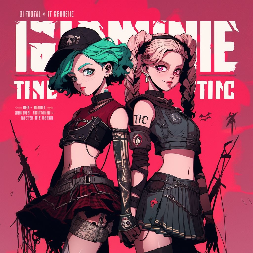 Prompt: a couple of anime girls standing next to each other, an album cover, by Shingei, gothic art, burlesque psychobilly, grimacing, with malice, dance trance edm festival, gric, so cute, tzimisce, looks a blend of grimes, bioshock infinite style, nanogirlv 2, omg, twice, grainy