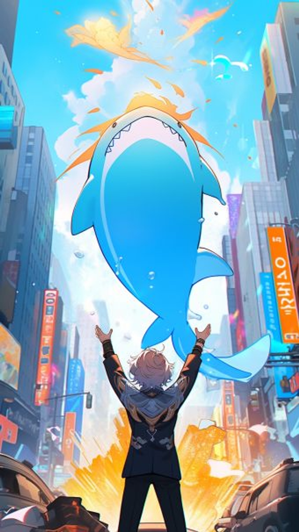 Prompt: Tartaglia from Genshin Impact raising his arms in the air towards the sky with two water blades, a giant whale made of water falls ontop of cars in time square, Short messy orange hair, bright blue eyes, red gem earings, black military uniform and hat, background manhatten/time square, protective, evil, Narcissistic, pride, --ar 9:16 --style cute --q 2 --upbeta --niji 5