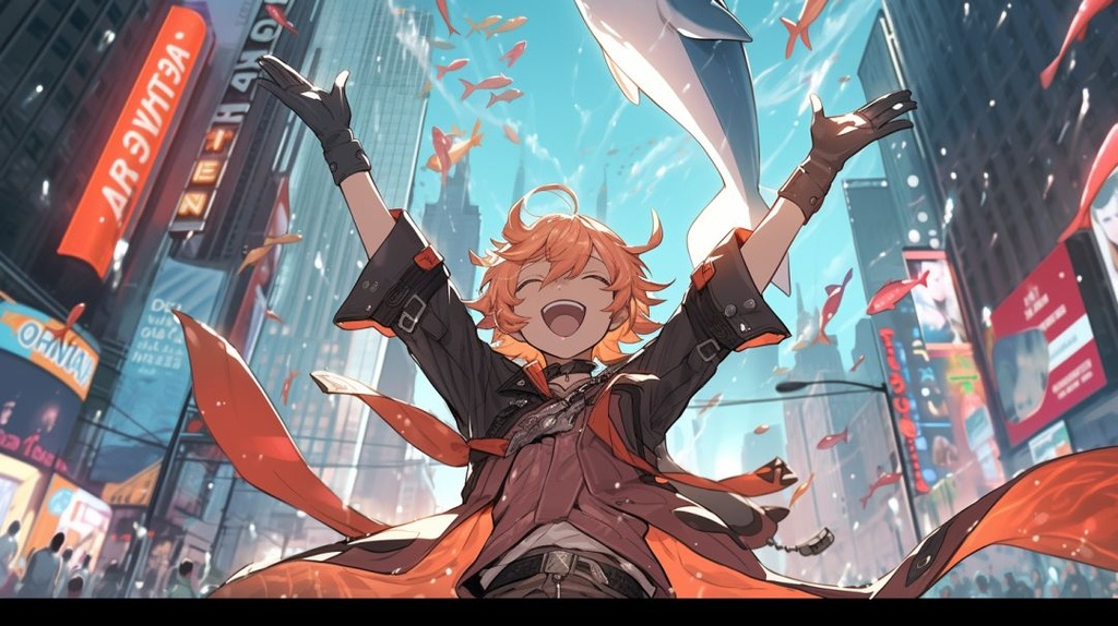 Prompt: Tartaglia from Genshin Impact raising his arms in the air towards the sky with two water blades, a giant whale made of water falls ontop of cars in time square, Short messy orange hair, bright blue eyes, red gem earings, black military uniform and hat, background manhatten/time square, protective, evil, Narcissistic, pride, --ar 16:9 --q 2 --upbeta --niji 5