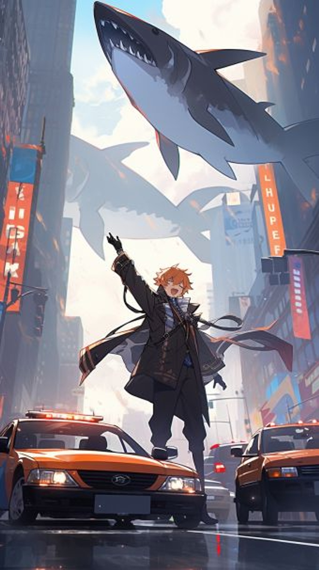 Prompt: Tartaglia from Genshin Impact raising his arms in the air towards the sky with two water blades, a giant whale made of water falls ontop of cars in time square, Short messy orange hair, bright blue eyes, red gem earings, black military uniform and hat, background manhatten/time square, protective, evil, Narcissistic, pride, --ar 9:16 --style scenic --q 2 --upbeta --niji 5