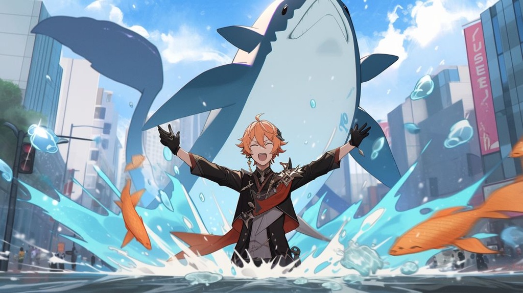 Prompt: Tartaglia from Genshin Impact raising his arms in the air towards the sky with two water blades, a giant whale made of water falls ontop of cars in time square, Short messy orange hair, bright blue eyes, red gem earings, black military uniform and hat, background manhatten/time square, protective, evil, Narcissistic, pride, --ar 16:9 --style cute --q 2 --upbeta --niji 5