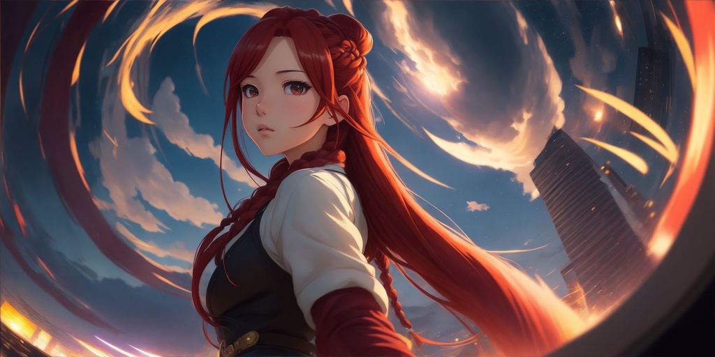 Prompt: (masterpiece), (anime style), centered, shot from below, Instagram able, 1girl, selfie pose, long wavy hair, dark orange hair, expressive, night city park background, dynamic lighting, reflection, depth of field, ultra detailed, intricate, (epic composition, epic proportion), 2D illustration, professional work, 