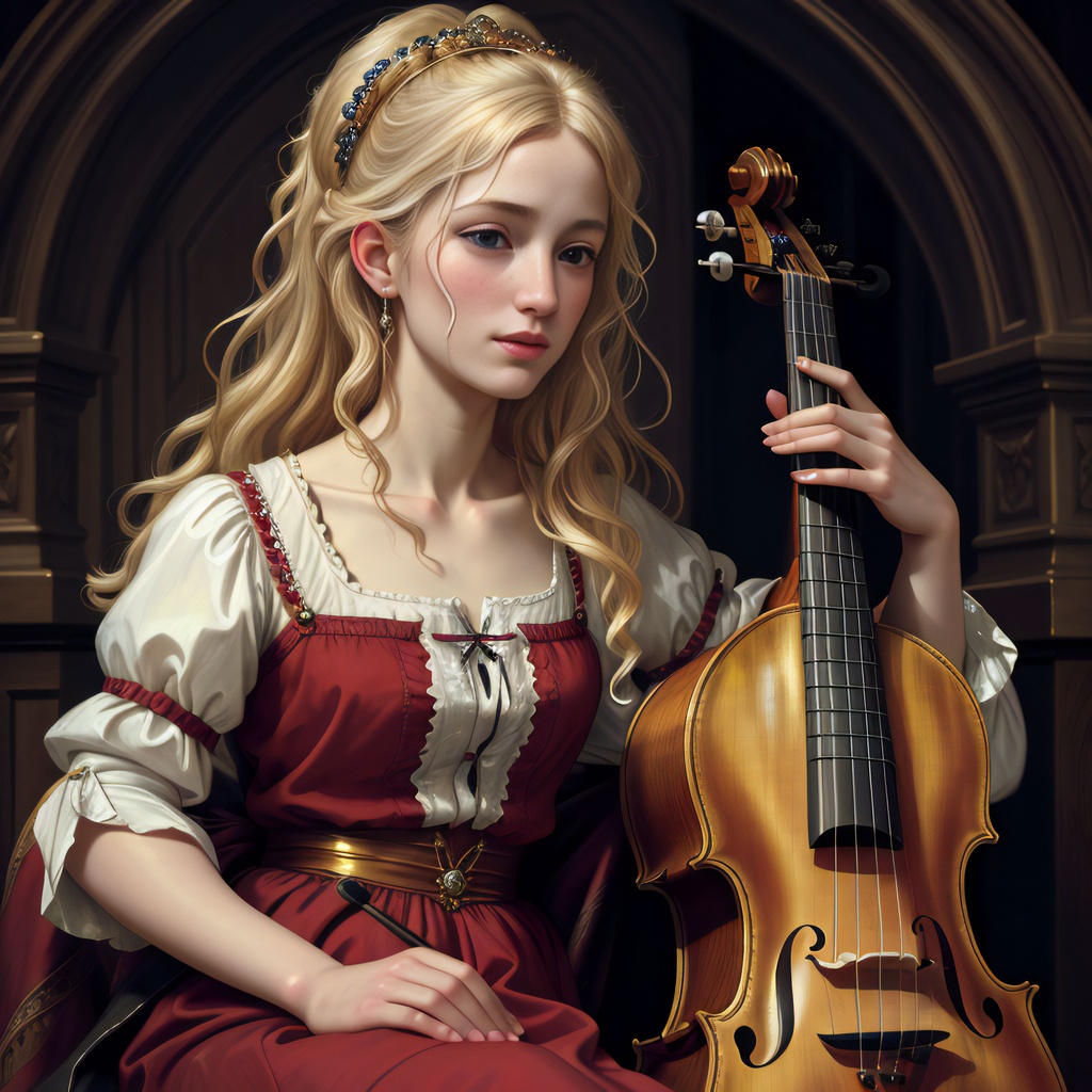 Prompt: blonde wild hair woman playing a viol da gamba, beautiful and detailed face, close-up portrait, renaissance dress, powerful, intricate, elegant, volumetric lighting, scenery, oil on canvas, highly detailed, artstation hq, sharp focus, Edwin Austin Abbey, Michelangelo Merisi Da Caravaggio