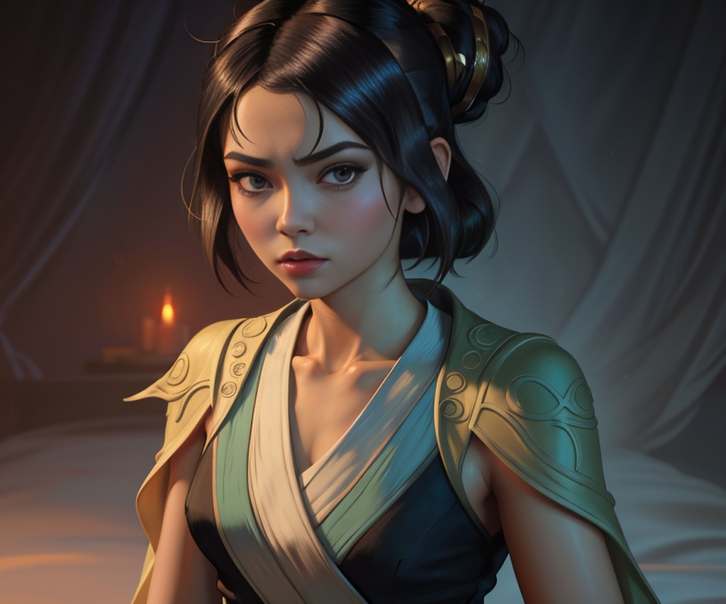 Prompt: Artgerm and Ilya Kuvshinov's best artwork. Award winning masterpiece. Official art. One female jedi master, wearing the traditional jedi robe, beautiful and uniquely odd looking, detailed symmetrical close up, Best quality ultra smooth ultra clean 8k ultra high res ultra sharp ultra-detailed sharp focus, magic the gathering, star wars art