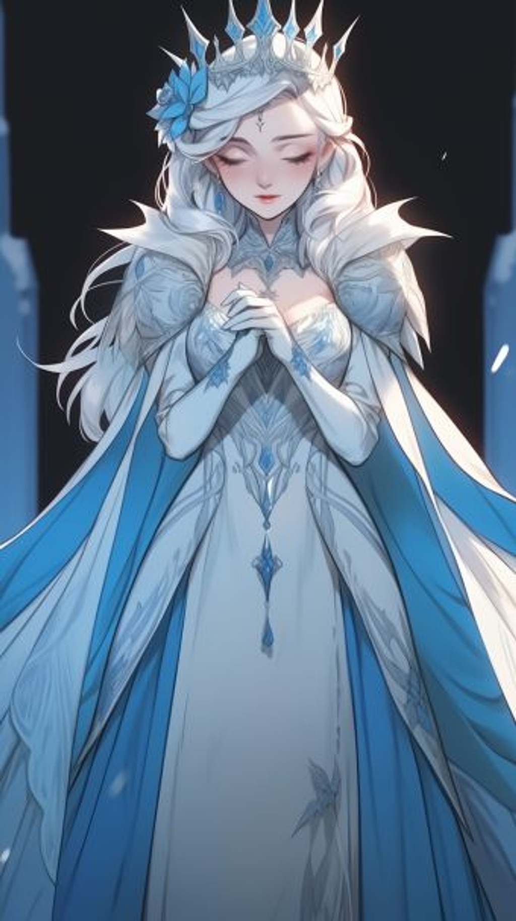 Prompt: A beautiful Queen, with long light blue hair, an elegant dress, an ornate crown and dress that flows to the ground, bright blue eyes, intricate jewerly, a snow white empire behind her, stoic, beautiful, breath taking --iw 2 --ar 9:16 --style expressive --q 2 --upbeta --niji 5