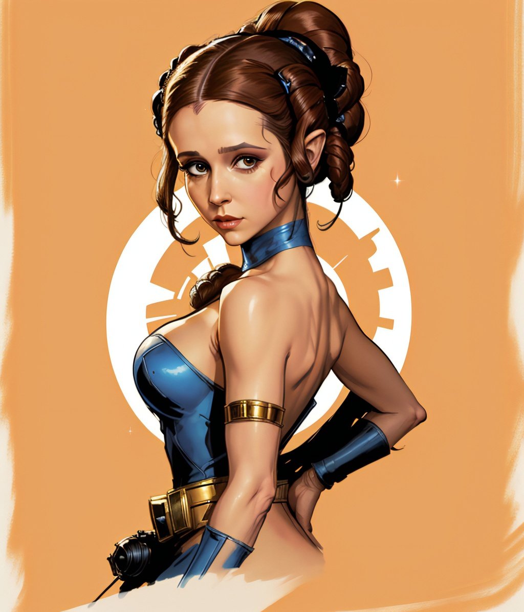 Prompt: Official art, highly detailed portrait of Princess Leia, new original art by Frank Miller, by Frank Frazetta, by Mike Mayhew, by Mike Deodato, highest quality, ultra sharp, star wars aesthetic, artstation hq, behance hd, trending on artforum, 8k uhd